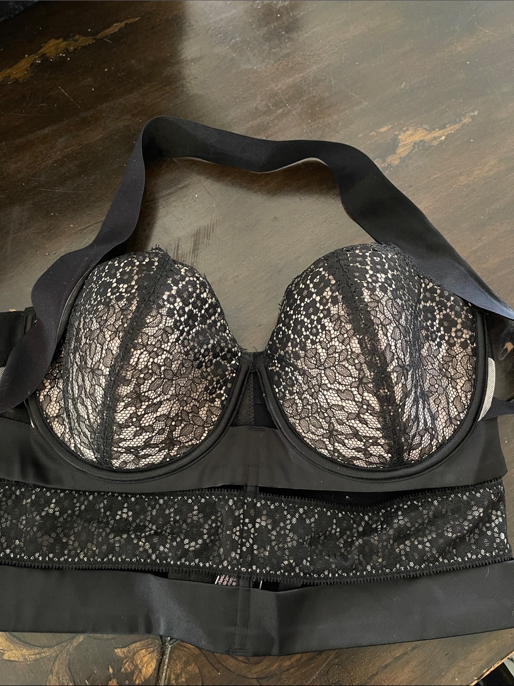 Victoria's Secret Black Lace Longline Strapless Bra with Nude Lining